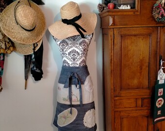 Pure Linen Half Apron  #1 - with Vintage Doilies - Crinkle Dyed Pure Linen - Easy Wear - No need for ironing - 70cm from waist