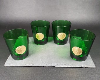 DUBONNET | 4 advertising glasses for the DUBONNET brand green color with gold medallion with profiles of the kings of France | 1960