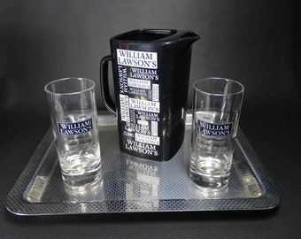 JAMESON | Black plastic water pitcher and 2 Advertising Whiskey glasses for the JAMESON Irish Whiskey brand | Barware Lifestyle 1990
