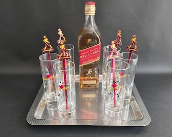 JOHNNIE WALKER | 6 Long Drink Whisky Glasses for the Johnnie Walker Scotch Whisky brand with 6 JW Stirrers | Lifestyle 1990