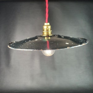 Old workshop lampshade with traces of black enamel paint with white interior with its optional E14 golden brass socket | France