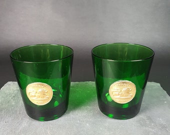 BYRRH | 2 advertising glasses for the BYRRH brand green color with gold medallion with statue of lying lion | Made in Italy 1960
