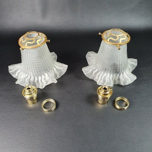 2 Antique Ruffled Edge Frosted Glass Tulip Shaped Lamp Glasses with Brass Claws and Optional B22 Lampholders France 1950 image 6