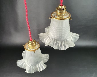 2 Antique Ruffled Edge Frosted Glass Tulip Shaped Lamp Glasses with Brass Claws and Optional B22 Lampholders | France 1950