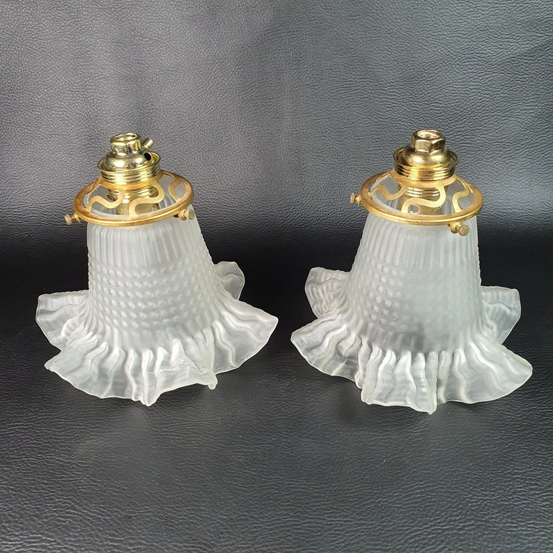 2 Antique Ruffled Edge Frosted Glass Tulip Shaped Lamp Glasses with Brass Claws and Optional B22 Lampholders France 1950 image 7