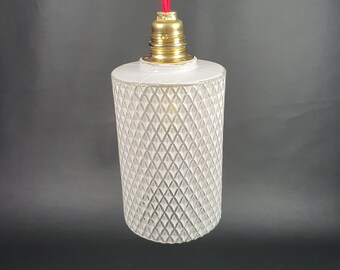 Cylindrical lamp glass with lattices opacified in white | Optional E14 brass socket | Lighting France vintage 1970