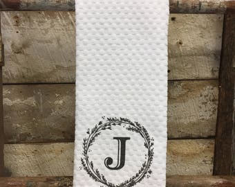 J initial vintage wreath printed waffle kitchen towel customizable