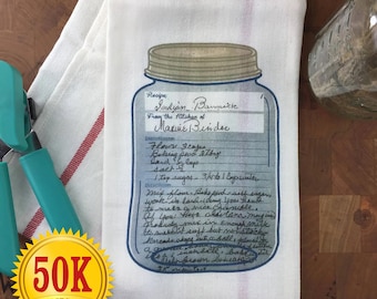 Full Color Family Recipe Towel in original Writing (note jar was part of original recipe card)