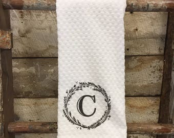 C initial vintage wreath printed waffle kitchen towel customizable