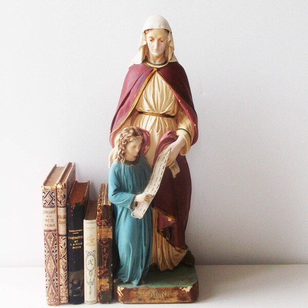 1800s Large Holy Anne Statue French Antique Holy Mary Statue Madonna Signed Chalk ware
