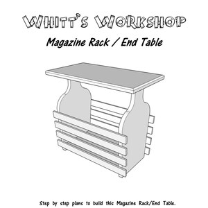 May include: Line drawing of a magazine rack and end table woodworking project. The plans include a full-size template for the curved sides.