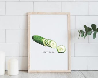 Cucumber Stay Cool Art, Vegetable Painting, Watercolor, Food Illustration, Kitchen Decor, Digital Art Print, Digital Download, Printable Art