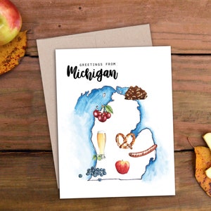 Greetings From Michigan Folded Notecard, Aquarelle, Illustration alimentaire, Stationnaire, Cartes de vœux, Cartes de notes, Carte d’État