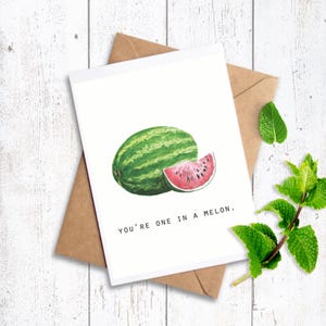 Carte de correspondance pliée un en melon, pastèque aquarelle, carte d'amour, anniversaire, papeterie, cartes de voeux, carte de jeu de mots nourriture