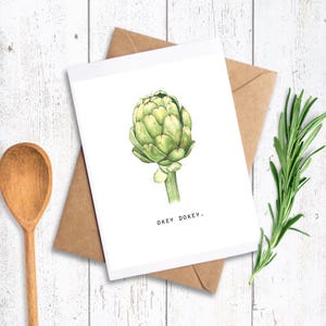 Okie Dokie Artichoke Folded Notecard, Watercolor, Food Illustration, Say Hello, Stationary, Greeting Cards, Notecards
