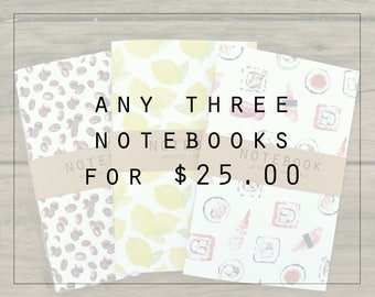 THREE Blank Notebooks, Journal, Sketchbook, Recipe Book, Diary, Blank Notebook, Stationary, Food Illustration