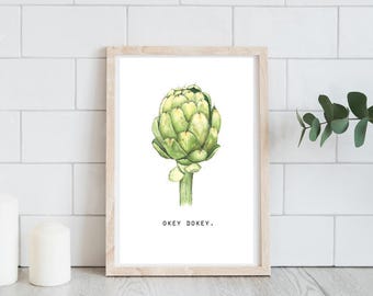 Artichoke Art, Food Pun,Vegetable Painting, Watercolor, Food Illustration, Kitchen Decor, Digital Art Print, Digital Download, Printable Art