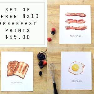 Breakfast Print Set of 3, Bacon Print, Egg Print, Watercolor, Food Illustration, Kitchen Decor, Kitchen Art, Art Print, 8x10 print set
