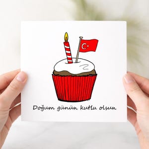 Turkish birthday card, happy birthday cards, hand drawn cupcake & flag, turkey card, for him or her
