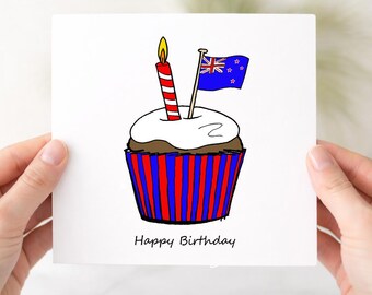 Carte d'anniversaire néo-zélandaise, cartes de joyeux anniversaire, cupcake et drapeau dessinés à la main, carte kewi, pour lui ou elle
