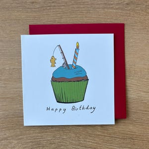Fiskefödelsedagskort, grattis på födelsedagen-kort, cupcake, fiskkort, till honom