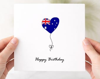 Carte d'anniversaire australienne, carte d'anniversaire, ballon et drapeau dessinés à la main, carte Australie, carte australienne pour lui ou elle