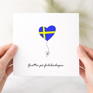 Swedish birthday card, happy birthday cards, hand drawn balloon & flag, Sweden card, for him or her