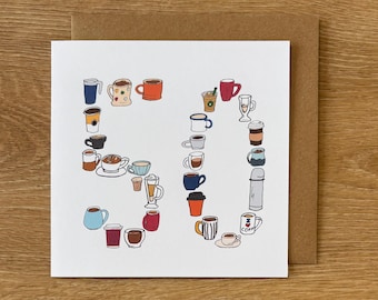 Tarjeta de cumpleaños número 50 con temática de café, tarjeta para amantes del café, taza y tazas dibujadas a mano para ella o él.
