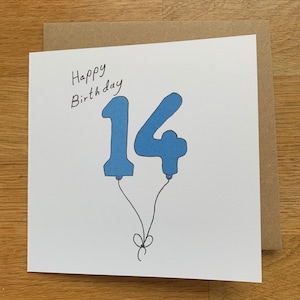 Tarjeta de cumpleaños número 14, 14 globos, para hombres, para él, masculino, lindo, azul,