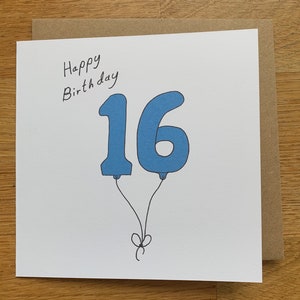 16e verjaardagskaart, 16 ballonnen, voor mannen, voor hem, mannelijk, schattig, blauw, jongen