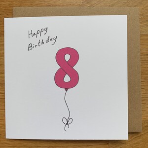 Carte du 8e anniversaire, 8 ballons, pour femme, pour elle, femme, femme, mignonne, rose, fille