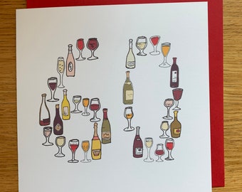 Op de afbeelding: Een witte kaart met een rode rand heeft een ontwerp van wijnflessen en glazen die zijn gerangschikt om het nummer 30 te vormen. Het ontwerp is in een handgetekende stijl met verschillende kleuren wijn en glazen.