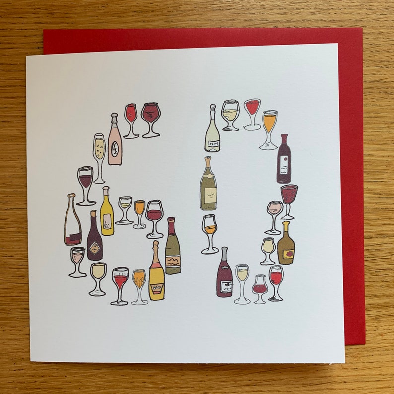 May include: A white card with a red border features a design of wine bottles and glasses arranged to form the number 30. The design is in a hand-drawn style with various colors of wine and glasses.