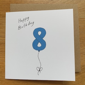 Carte du 8e anniversaire, 8 ballons, pour homme, pour lui, mâle, mignon, bleu, garçon