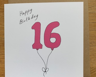 16th birthday card, 16 balloons, for her, woman, cute, simple, pink, girl, sweet sixteen