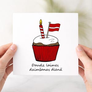 Latvia birthday card, happy birthday cards, hand drawn cupcake & flag, Latvian card, for him or her, daudz laimes dzimšanas dienā