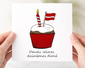 Carte d'anniversaire de la Lettonie, cartes de joyeux anniversaire, cupcake et drapeau dessinés à la main, carte de la Lettonie, pour lui, daudz laimes dzimšanas dienā