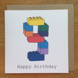 9歳の誕生日カード、9歳のカード、男の子、女の子、子供、9歳、誕生日おめでとう、手描きのプリント、ブロック、おもちゃ