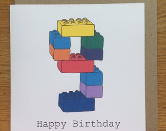 9th birthday card, 9 card, boy, girl, child's, nine, happy birthday, hand drawn print, blocks, toys