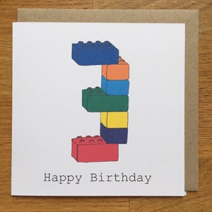 3ed birthday card, 3 card, boy, girl, child's, three, third, happy birthday, hand drawn print, blocks, toys