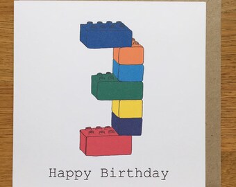 3ed birthday card, 3 card, boy, girl, child's, three, third, happy birthday, hand drawn print, blocks, toys
