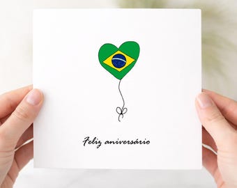 Carte d'anniversaire brésilienne, carte joyeux anniversaire, ballon et drapeau dessinés à la main, carte du Brésil, pour lui ou elle