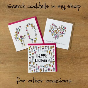 May include: Three square greeting cards featuring colorful hand-drawn cocktail illustrations. One card displays the number 40, another a heart shape with Happy Valentine's Day text, and the third Happy Birthday text surrounded by various drinks.