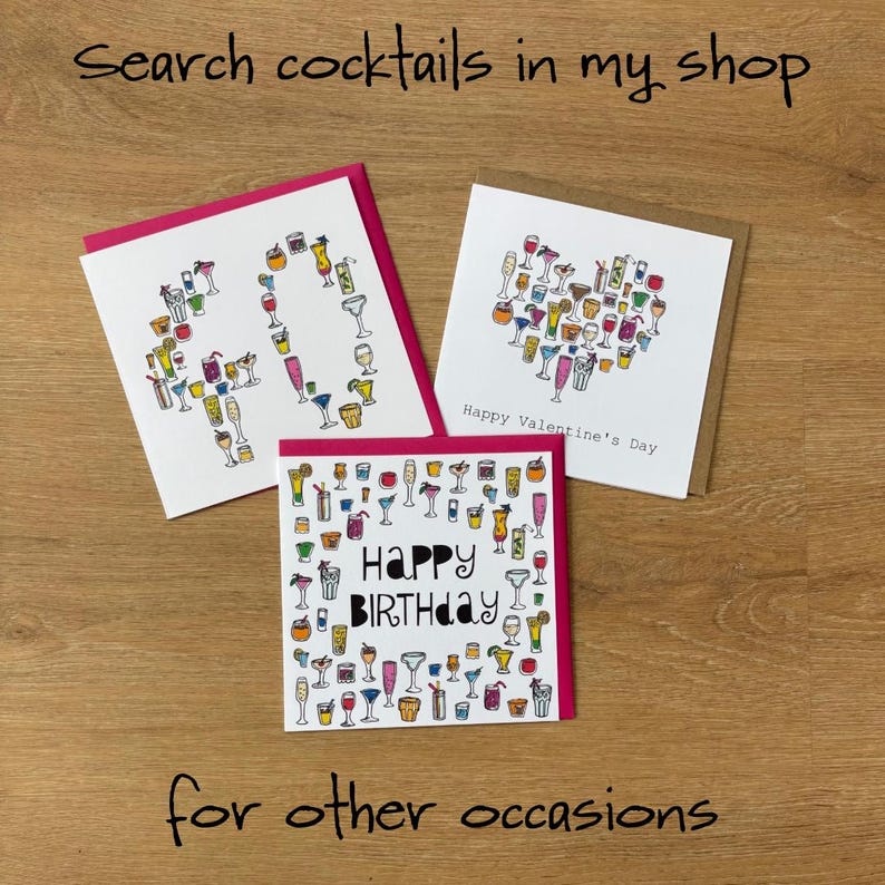 May include: Three square greeting cards featuring colorful hand-drawn cocktail illustrations. One card displays the number 40, another a heart shape with Happy Valentine's Day text, and the third Happy Birthday text surrounded by various drinks.