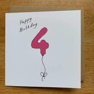 biglietto di auguri per il 4° compleanno, 4 palloncini, per le donne, per lei, donna, carino, rosa, ragazze