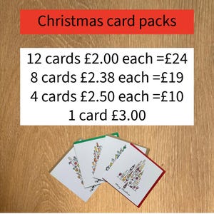 May include: Four square greeting cards featuring a Christmas tree illustration made of various drink glasses and bottles. The text reads: Christmas card packs, 12 cards &pound;2.00 each =&pound;24, 8 cards &pound;2.38 each =&pound;19, 4 cards &pound;2.50 each =&pound;10, 1 card &pound;3.00.