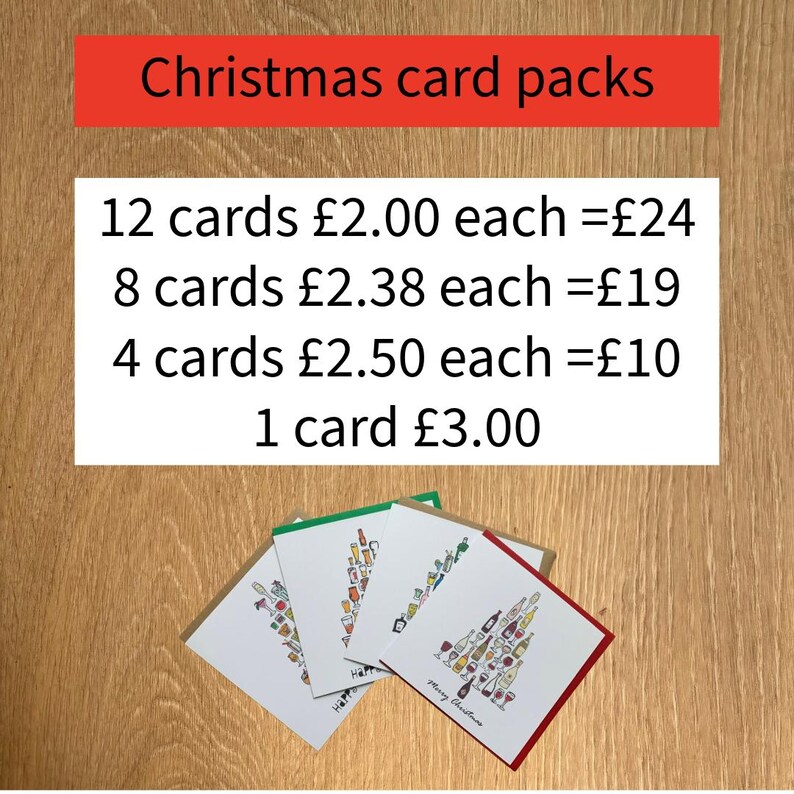 May include: Four square greeting cards featuring a Christmas tree illustration made of various drink glasses and bottles. The text reads: Christmas card packs, 12 cards &pound;2.00 each =&pound;24, 8 cards &pound;2.38 each =&pound;19, 4 cards &pound;2.50 each =&pound;10, 1 card &pound;3.00.