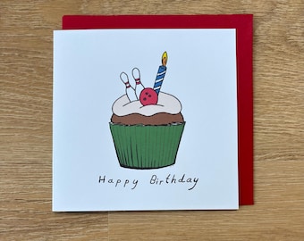 Carte d'anniversaire de bowling, cartes de joyeux anniversaire de bowling à dix quilles, cupcake,
