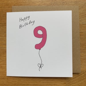 Carte de 9 ans, 9 ballons, pour femme, pour elle, femme, femme, mignonne, rose, fille