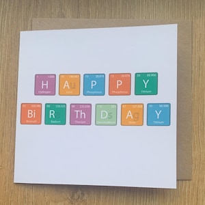 Tarjeta de cumpleaños, tarjeta de feliz cumpleaños, tabla periódica, científico, doctor, enfermera, farmacéutico, él, ella
